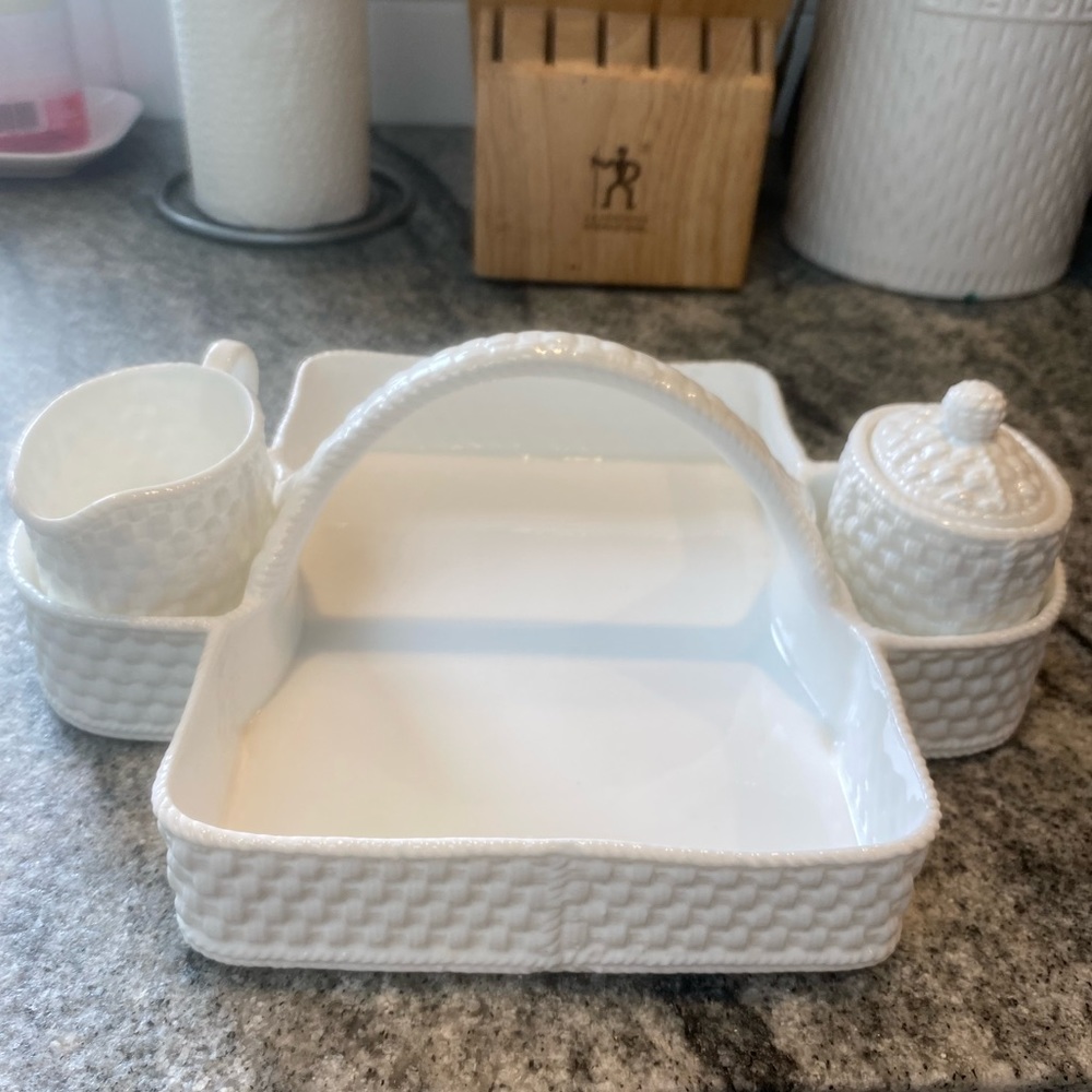 Tiffany & Co Strawberry Basket w/ Creamer
& Covered Sugar, Classic Tiffany Weave